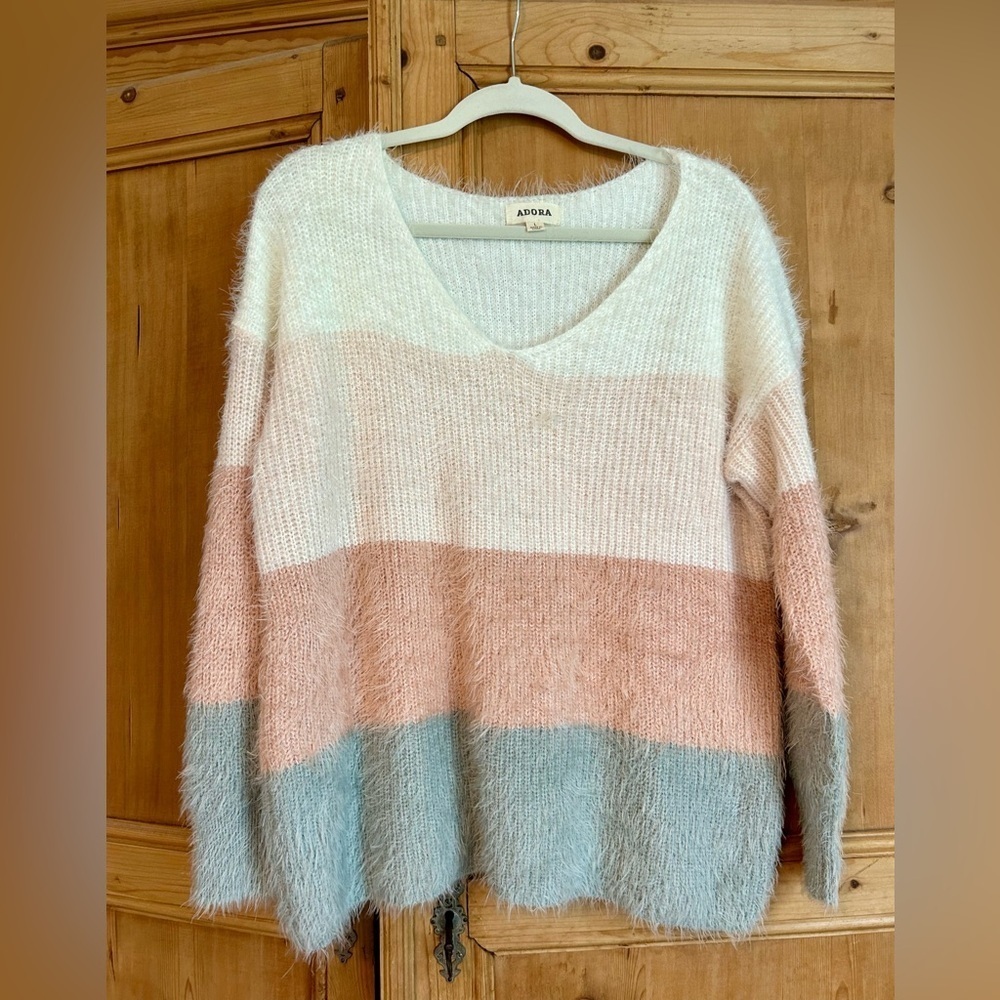 (Bundle 2 for $20) ADORA Women's V-Neck Sweater - Cream, Pink and Gray